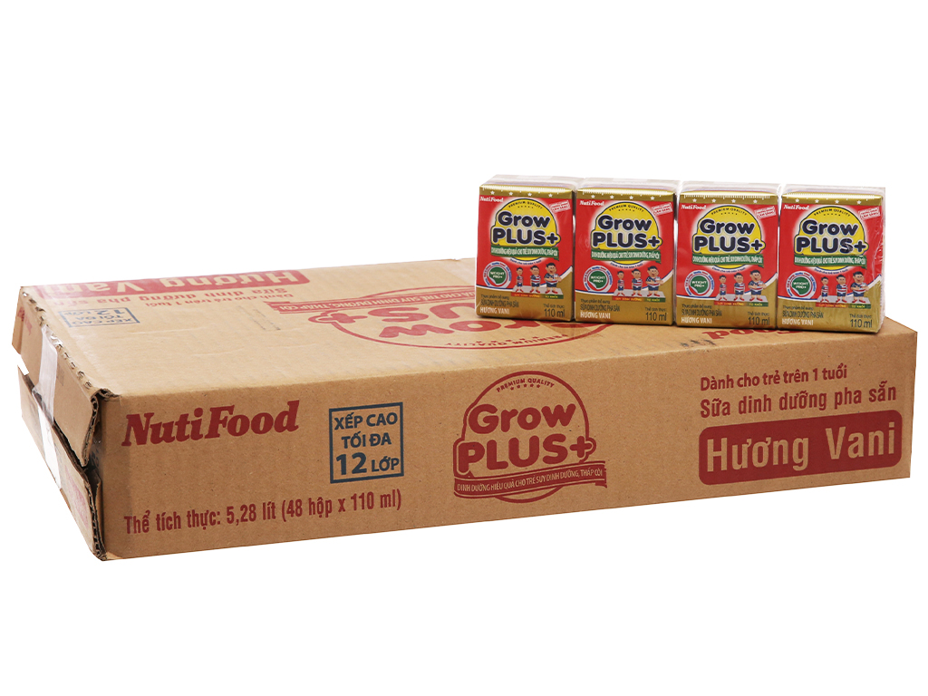 Thùng 48 Hộp x 110ml Sữa Bột Pha Sẵn Nutifood GrowPLUS+ Đỏ 110ml (cho bé tứ 1 tuổi giúp bé phát triển chiều cao cân nặng)