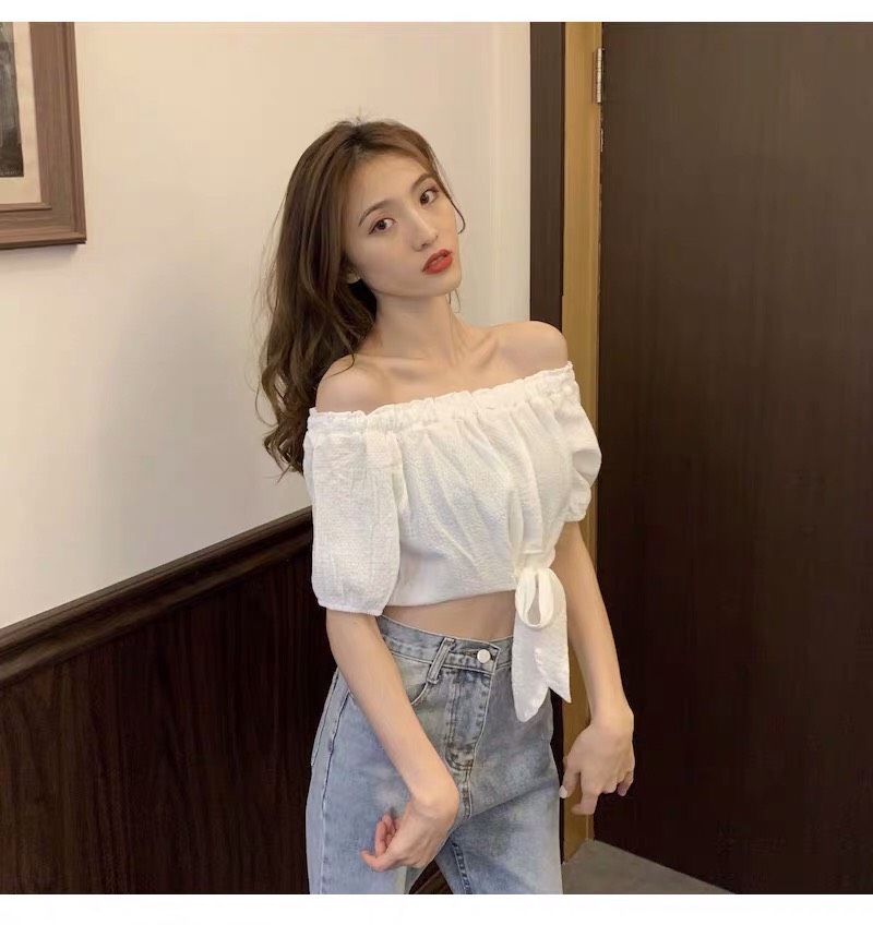 Áo voan croptop trễ vai thắt nơ bụng cá tính TTSA0337