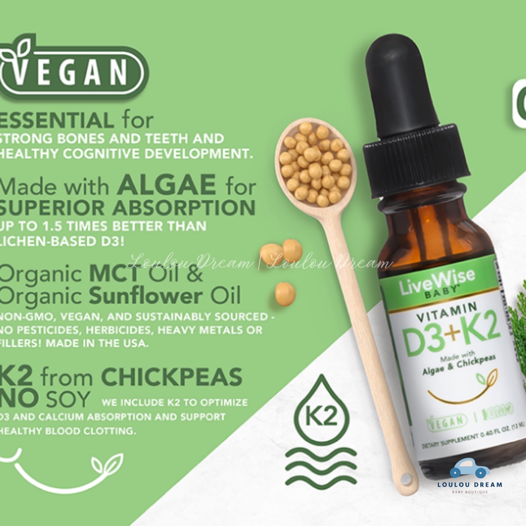 Vitamin D3 K2 hữu cơ LiveWise Mỹ cho bé