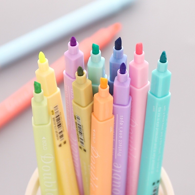 Bộ 12 bút highlight màu pastel 2 ngòi