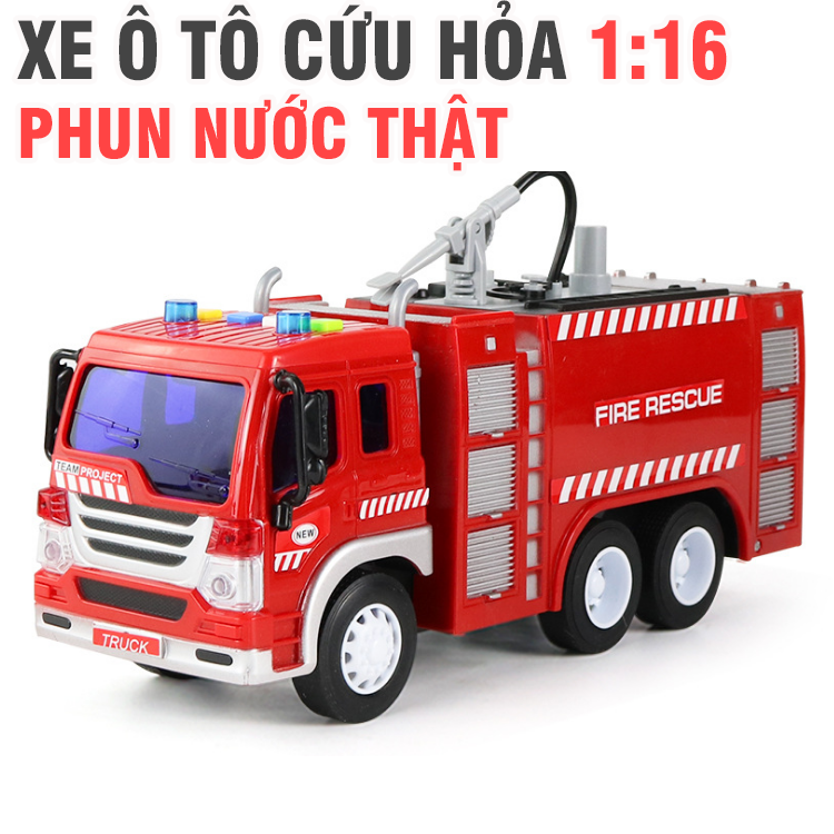 Ô tô cứu hỏa đồ chơi phun được nước xe chạy đà có âm thanh và đèn mô hình tỉ lệ 1:16