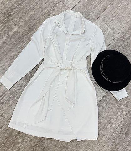 Đầm sơ mi chất kate cột eo kiểu mới 2019 TV (Trắng)