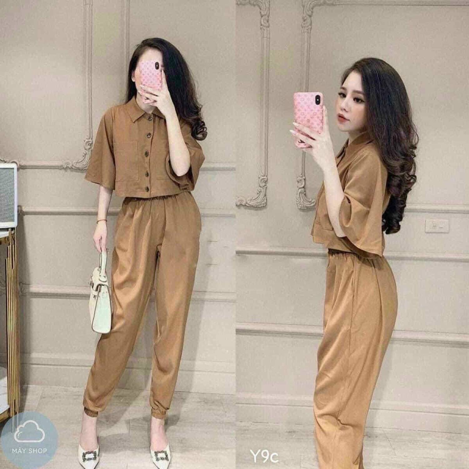 Set kate trơn áo sơ mi tay lửng quần dài