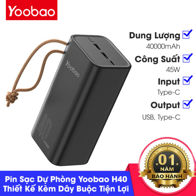 Pin sạc dự phòng Yoobao H40, dung lượng 40000mAh, công suất 45W sạc nhanh cho điện thoại , macbook, laptop