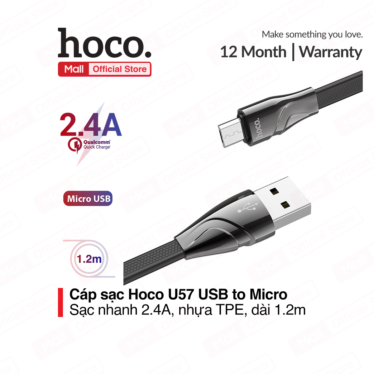 Cáp sạc Micro USB Hoco U57 sạc nhanh 2.4A MAX dây sạc TPE siêu bền chống rối chống đứt dành cho điện thoại android tương thích với nhiều thiết bị dài 120cm