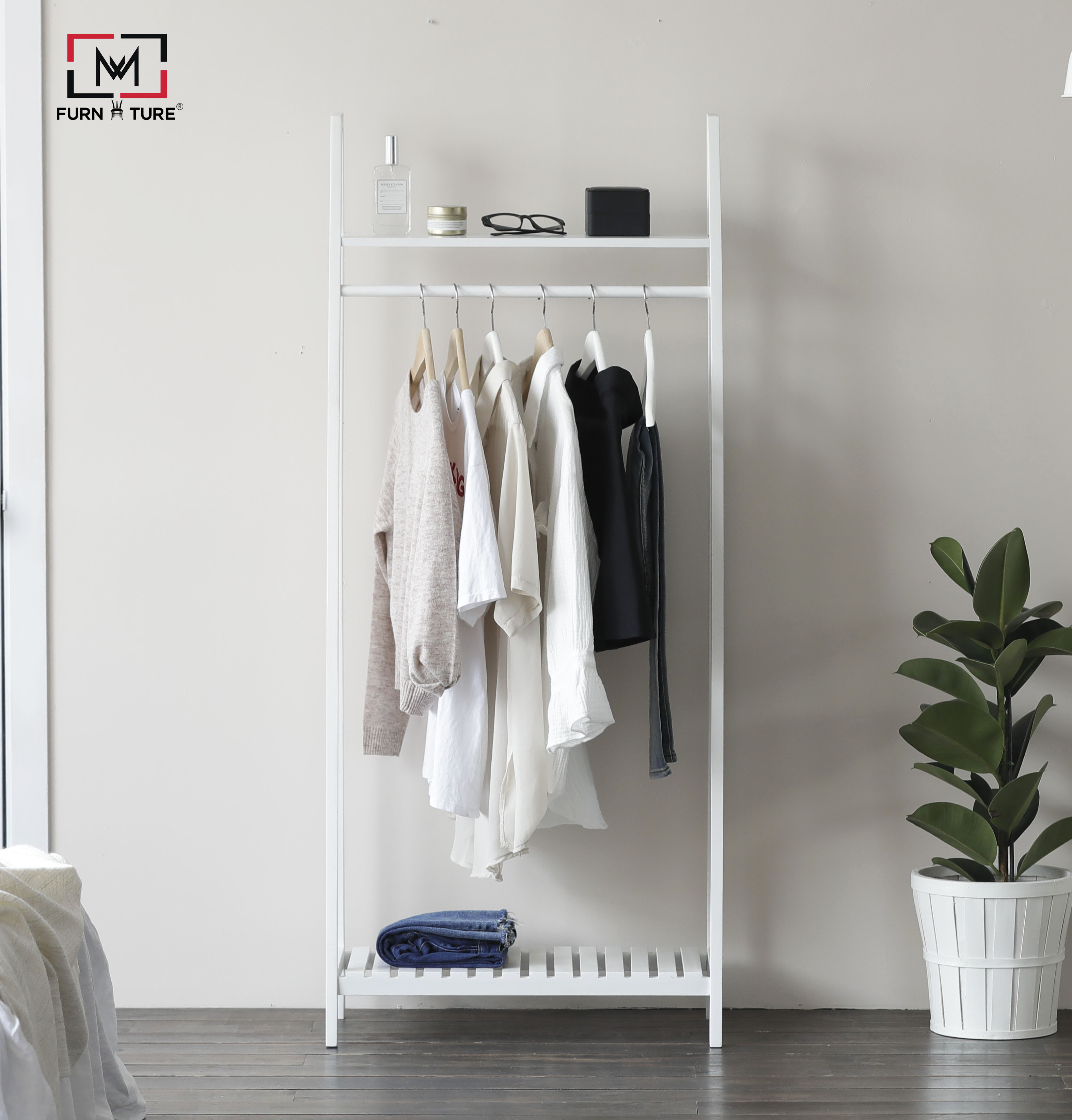 Giá treo quần áo hình thang lắp ráp liền kệ - ladder hanger white - 블랙&화이트 사다리행거 행거