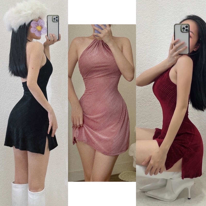 Đầm Nhung Cổ Yếm Xẻ Đùi