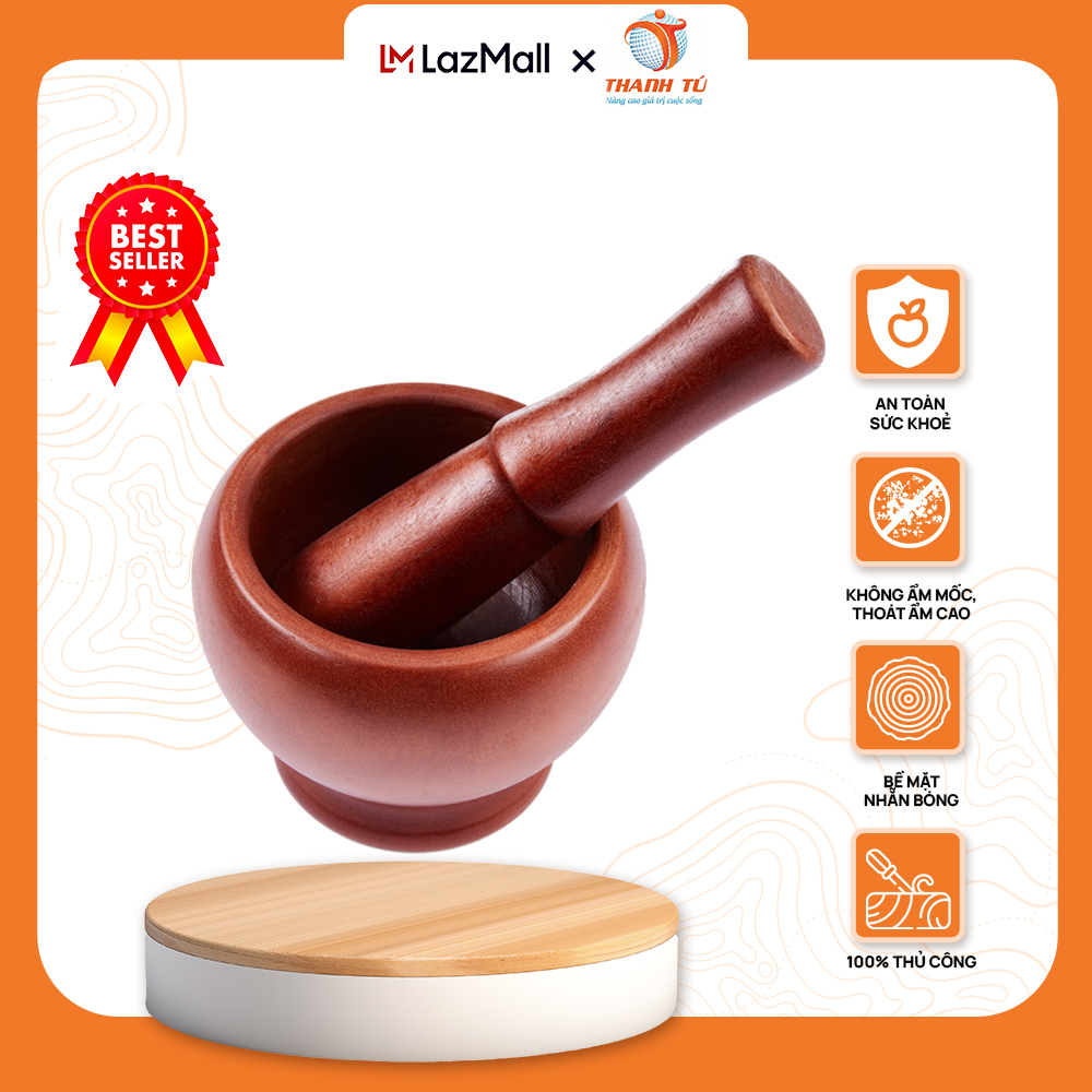 Bộ Cối Chày Bầu Gỗ Xà Cừ 17Cm