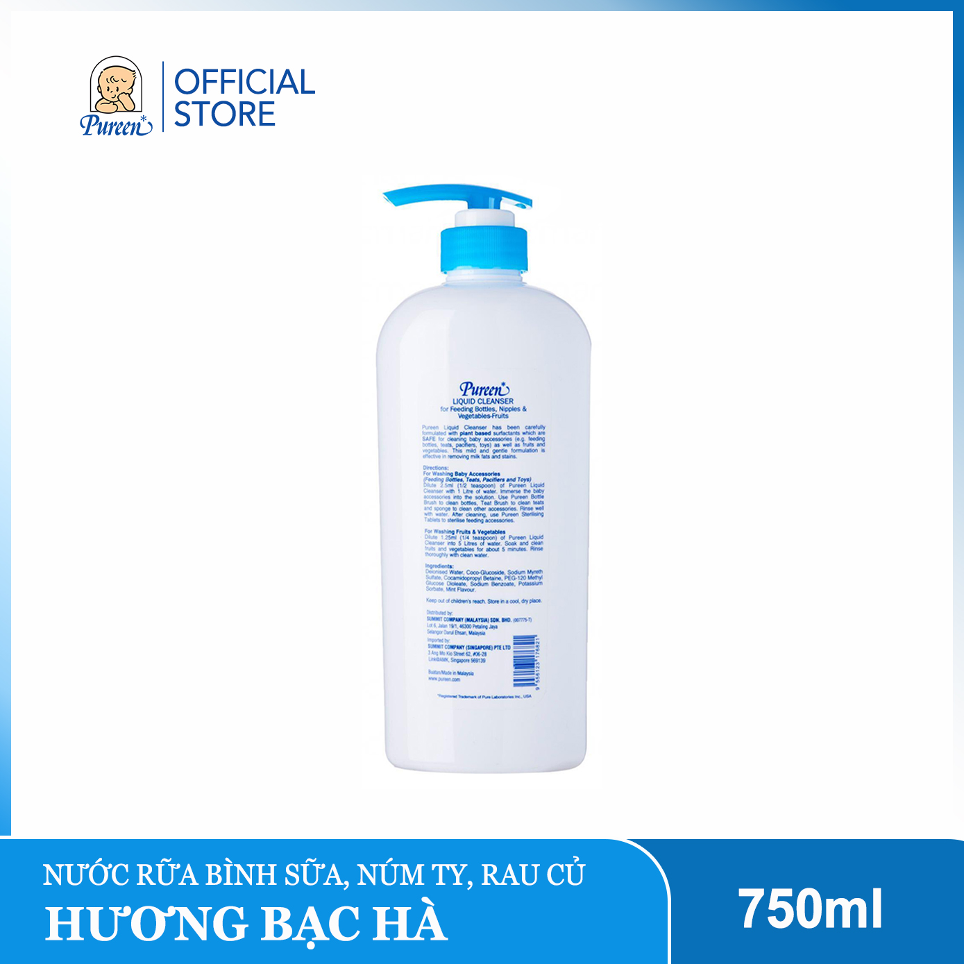 Nước rửa bình sữa, núm ty & rau củ Pureen hương Cam - An toàn cho Bé - 750ml