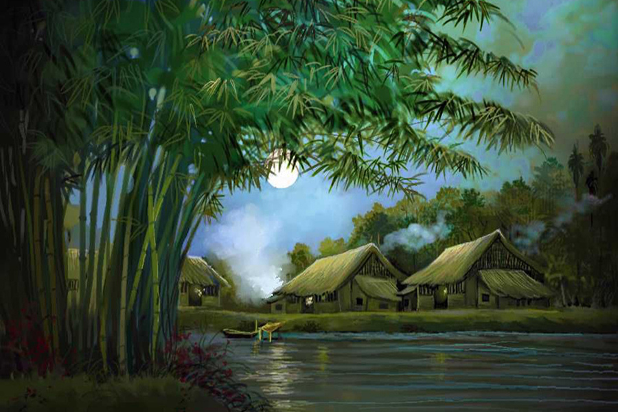 Bức tranh sơn dầu phong cảnh quê hương với cây tre uốn lượn và những thửa ruộng xanh tươi sẽ giúp ta thư giãn và cảm nhận được vẻ đẹp của quê hương. Nét vẽ tinh xảo, màu sắc sáng tạo của nghệ sĩ đã đưa ta đến những ngôi làng yên bình và những cánh đồng bất tận của miền quê người Việt. Hãy trang trí cho ngôi nhà của mình với bức tranh tuyệt đẹp này.