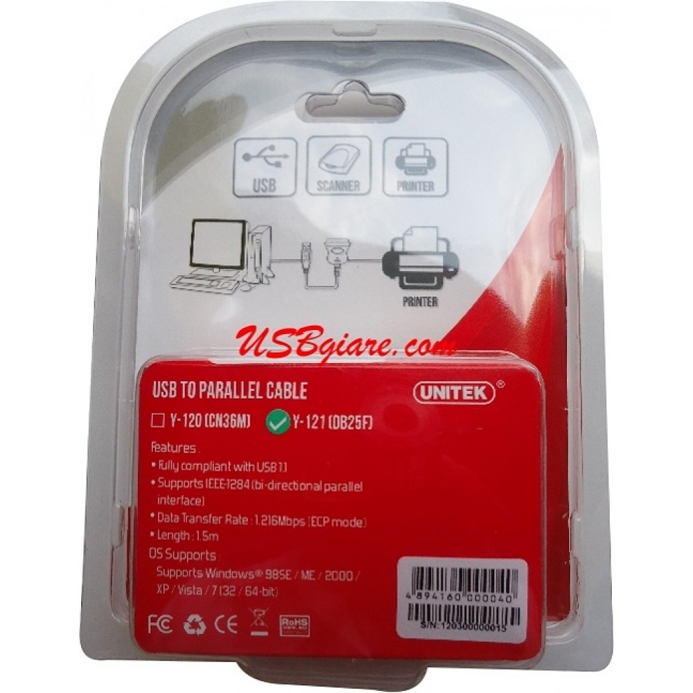 CÁP USB RA DB25 C/H UNITEK Y-121 (DB25F) - USB TO PARALLEL CONVERTER CABLE