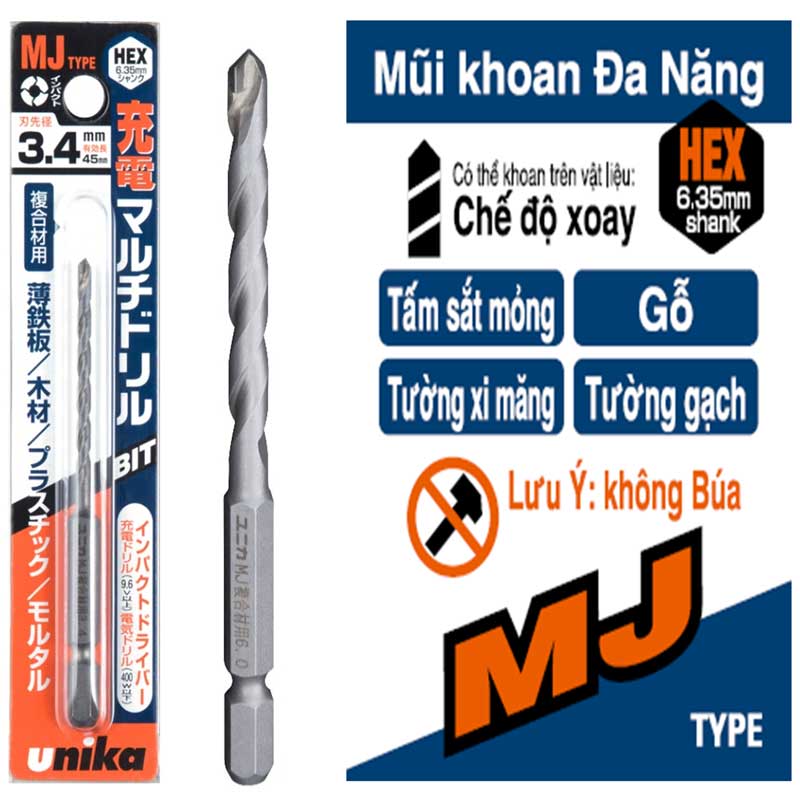 Mũi khoan đa năng xịn chính hãng chuôi lục giác Unika MJ đường kính từ 3.0mm tới 10.5mm