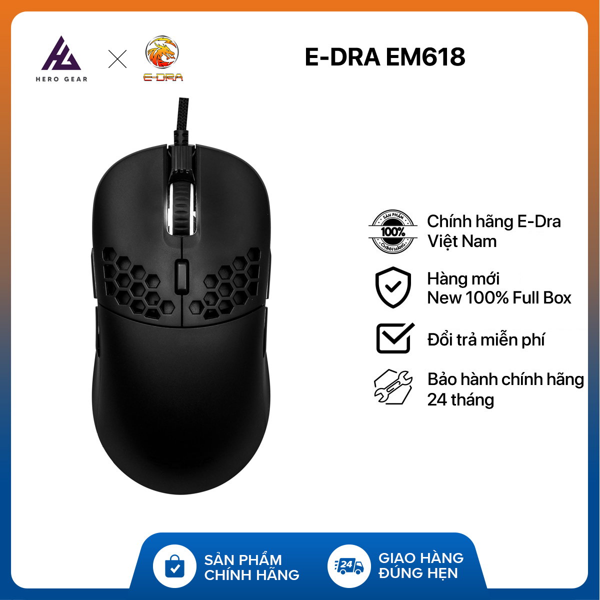 Chuột gaming E-DRA EM618 Led RGB - Chuột lỗ siêu nhẹ  - 12400DPI - Có tạ thay đổi trọng lượng