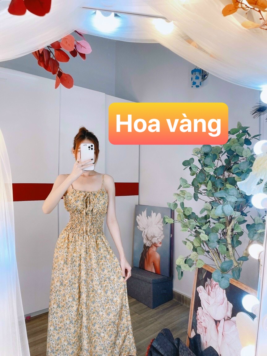 [HCM]Đầm maxi hai dây cột nơ bo eo hoa nhí siêu dễ thương - hình thật