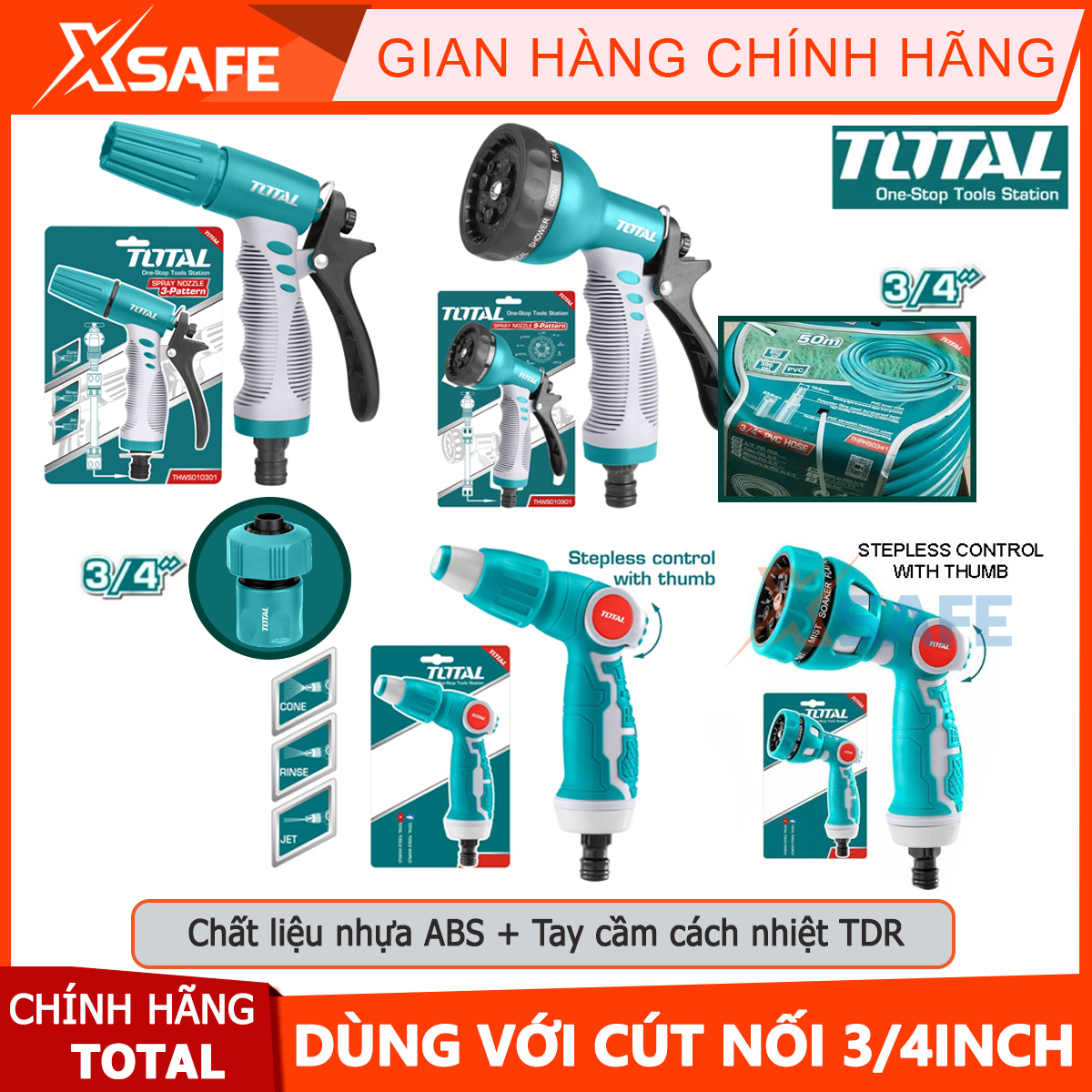 [HỎA TỐC] Vòi xịt tưới cây Total vòi phun nước có chỉnh tia dùng với ống 3/4 inch chất liệu thân nhựa cứng cáp ABS và tay cầm cách nhiệt TDR