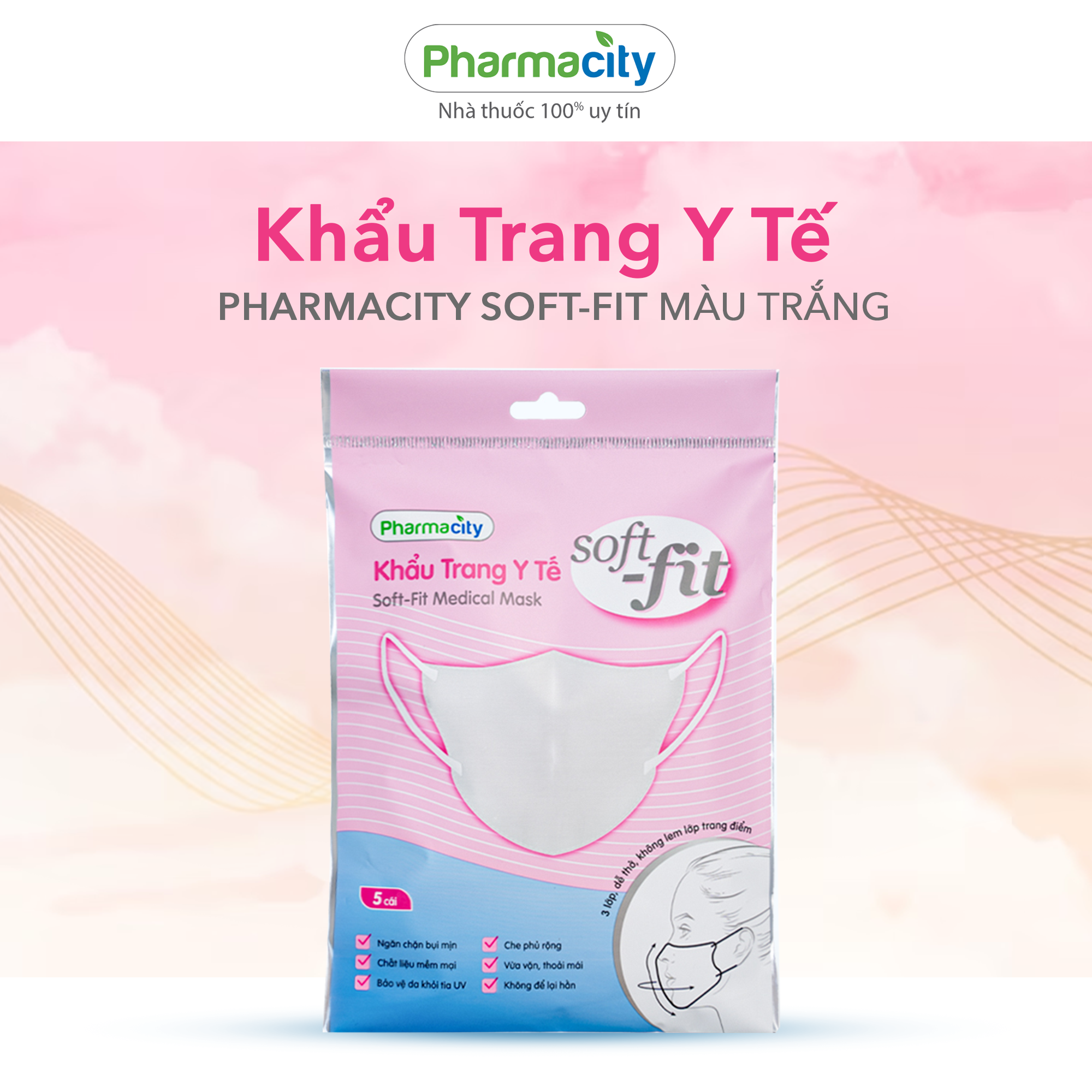 Khẩu trang y tế Pharmacity Soft-fit màu trắng