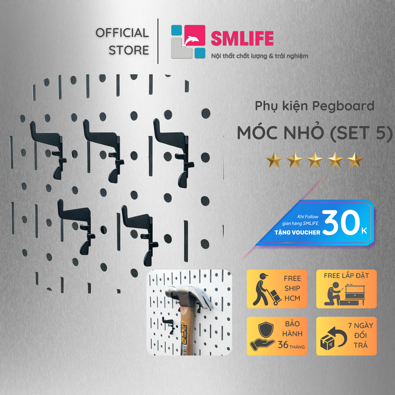 Bộ 5 móc nhỏ Pegboard - Móc treo bằng thép dày 1,6mm sơn tĩnh điện hiện đại - Phụ kiện móc treo dụng cụ Pegboard