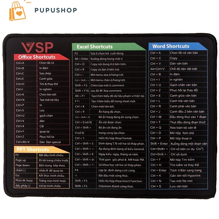Pupushop lót chuột padmouse q9 với 79 phím tắt kích thước 32x24cm dày 3 ly bề mặt in 3d không phai lệnh của office, ppt, excel, word
