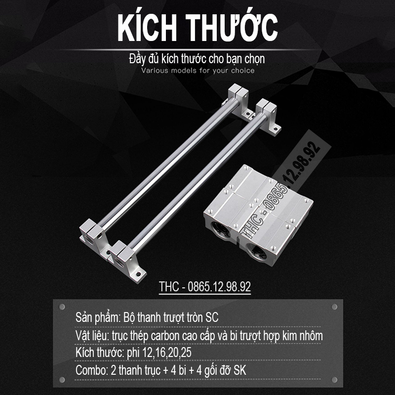 Bộ thanh ray trượt tròn phi 25mm (1 thanh SC25 dài 1,5 mét + 2 bi trượt SCS25UU + 2 gối đỡ SK25)