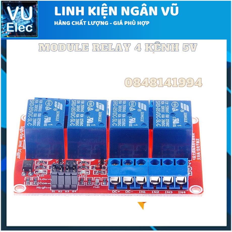 Module Relay 4 Kênh 5V/12V/24V 220V/10A Có Opto Cách Ly