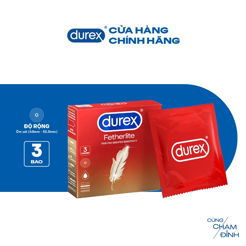 Bao cao su Durex Fetherlite 3 bao - Siêu mỏng , size 52.5mm cỡ vừa