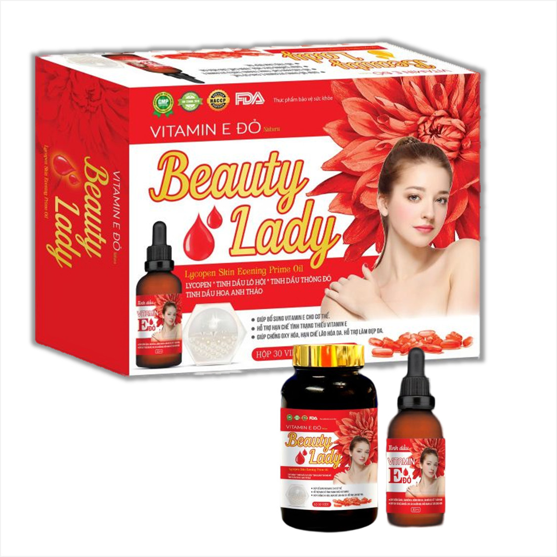 Combo Viên Uống+Serum Vitamin E Đỏ Beauty Lady Giúp Làm Đẹp Da, Hạn Chế Lão Hóa Da, Làm Mờ Vết Thâm Nám,Tàn Nhang-Dược Phẩm Bách Lộc