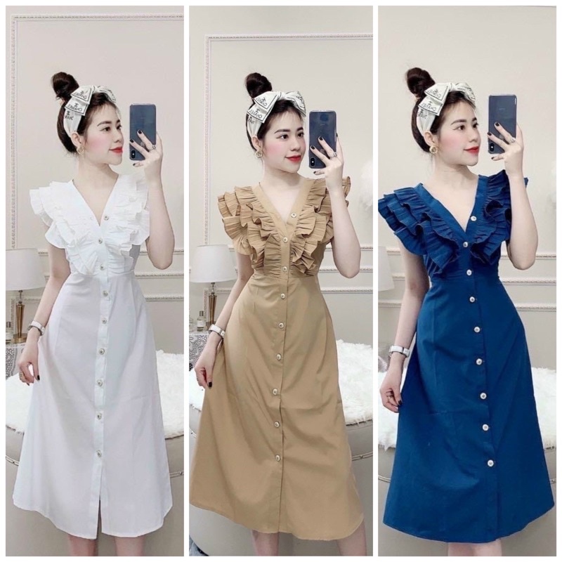 Đầm cổ phối dập li 3 màu