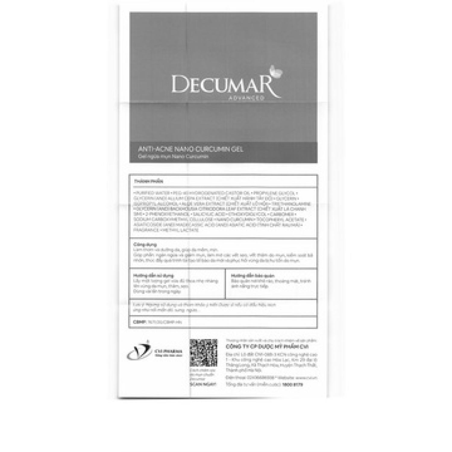 ɡel Nano Curcumin Decumar ngừa mụn, mờ thâm sẹo tuýp 20g