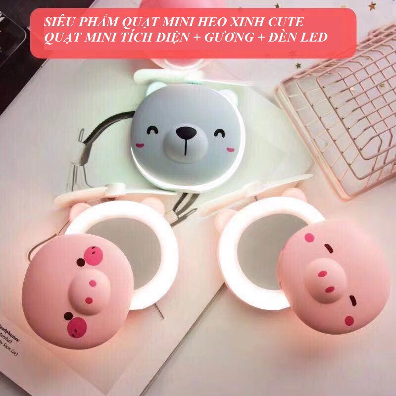 Gương heo mini đèn led 3 in 1 Quạt - đèn - gương, nhỏ gọn, dễ mang theo, gương trang điểm