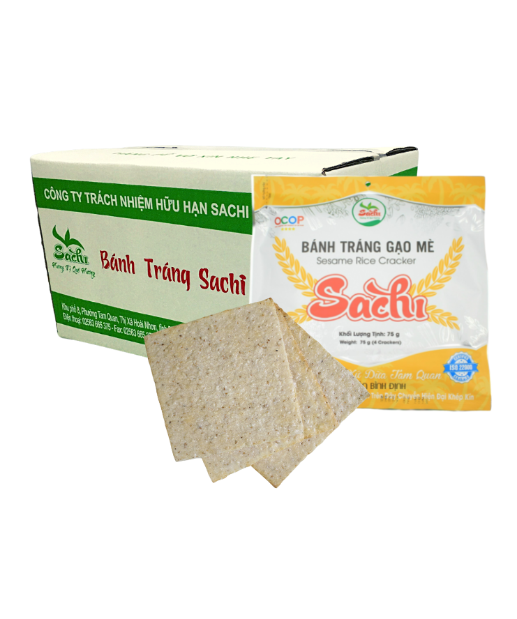 Bánh Tráng Gạo Mè Nướng Sẵn Sachi Thùng 25 Gói Loại 75GramBánh Tráng Sachi