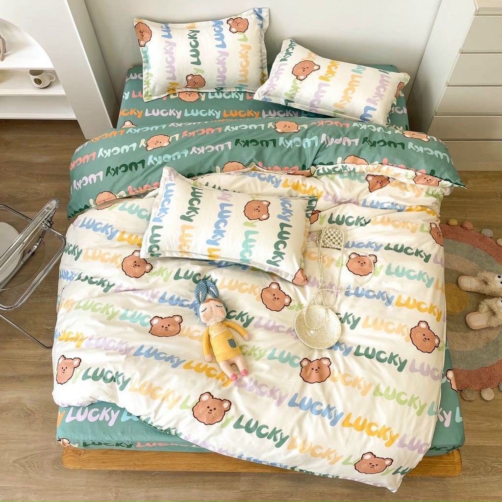 Bộ chăn ga gối cotton poly gấu chữ đủ size - Mẫu gấu & chữ