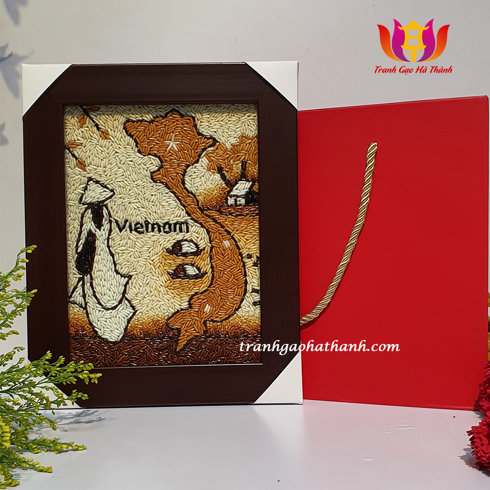 Tranh gạo rang Áo dài Việt Nam, Tranh gạo rang Hà Thành AD02, tranh gạo để bàn, quà tặng doanh nghiệp, quà tặng dành cho bạn bè quốc tế, tặng 1 túi đựng quà.