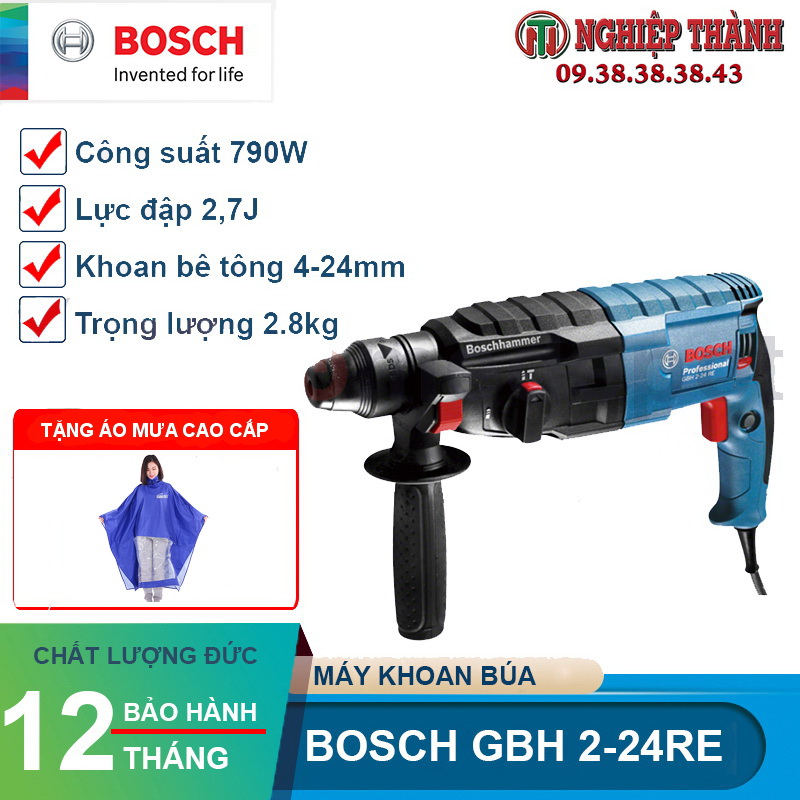 Máy khoan bê tông BOSCH GBH 2-24RE 790w HÀNG CHÍNH HÃNG Tặng áo mưa cao cấp