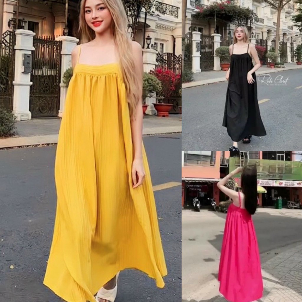 Váy 2 dây maxi đi biển đũi gân chun sau có dây điều chỉnh, đầm suông babydol form rộng chất đũi