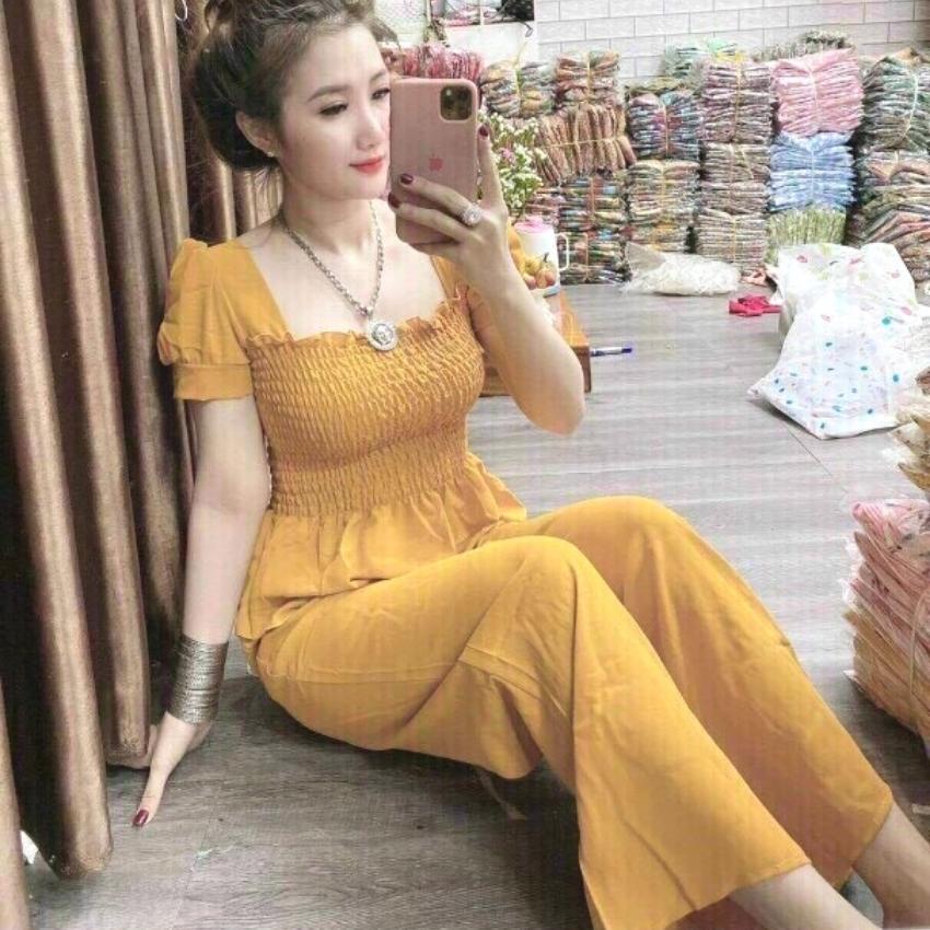 đồ bộ nữ mặc ở nhà nguyên set gồm áo kiểu tay búp nhúng giữa và quần ống rộng thích hợp cho chị em từ 55kg trở xuống có thể mặc đi chơi đi ăn hay ở nhà đều được chất liệu kate lụa mềm mịn thoải mái - SÀI GÒN GIÁ RẺ