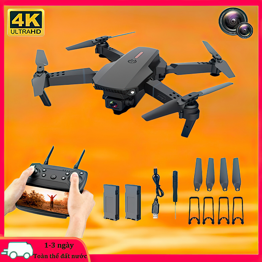 Flycam E88 Pro Drone 4K HD Camera Kép Có Định Vị 1080P WiFi Pin Khỏe Bay Xa 200M Máy bay.có thể chuyển đổi góc nhìn tự do, được trang bị ba pin cho thời lượng pin.200 mét điều khiển siêu xa