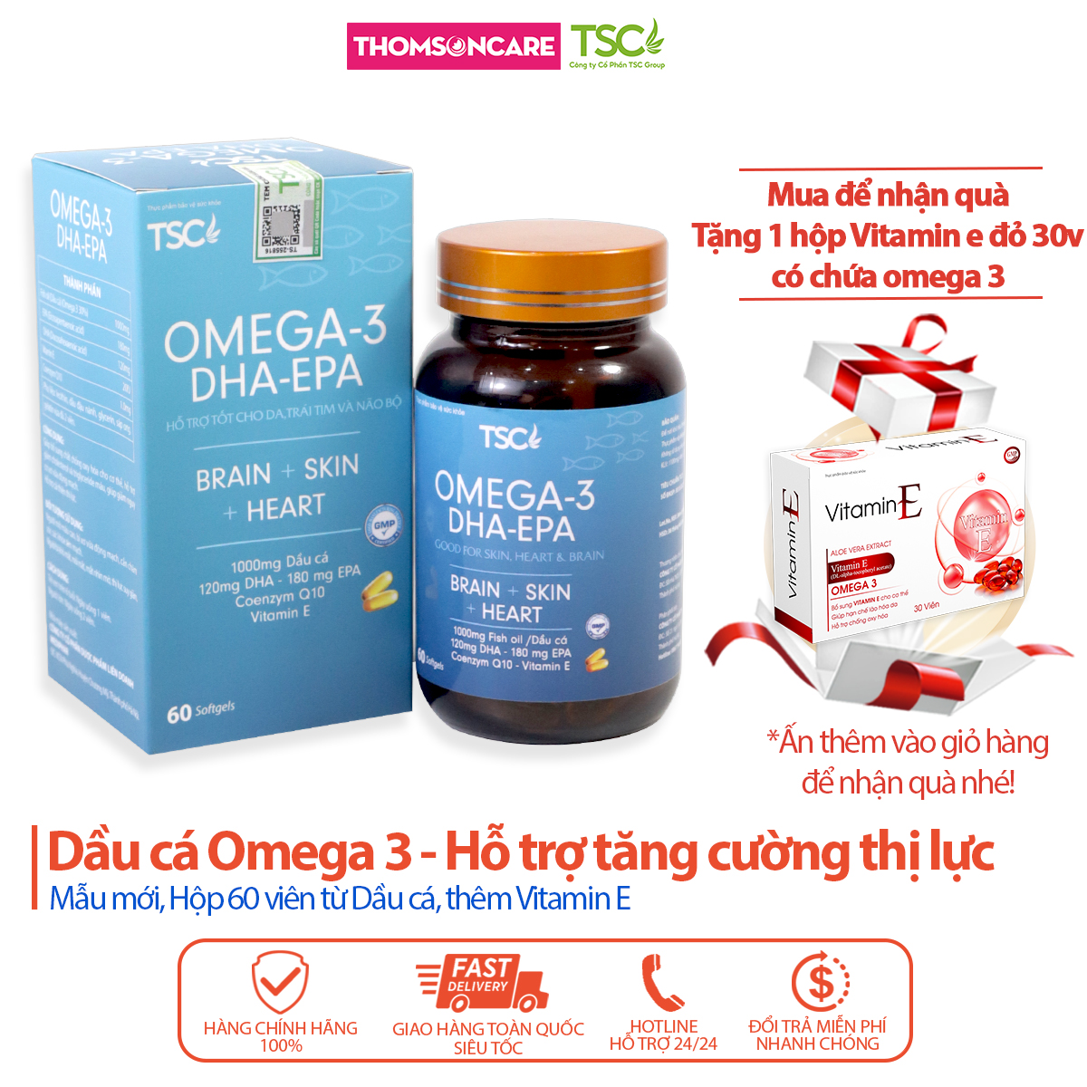 Omega 3 từ dầu cá chứa DHA EPA và dầu hoa anh thảo - Omega 3 TSC Group tốt cho mắt và tim mạch - Hộp 60 viên Thomsoncare