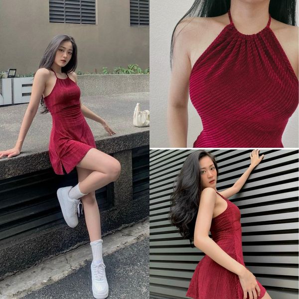 [HÀNG ĐẸP] Đầm Nhung Cổ Yếm Cột Dây
