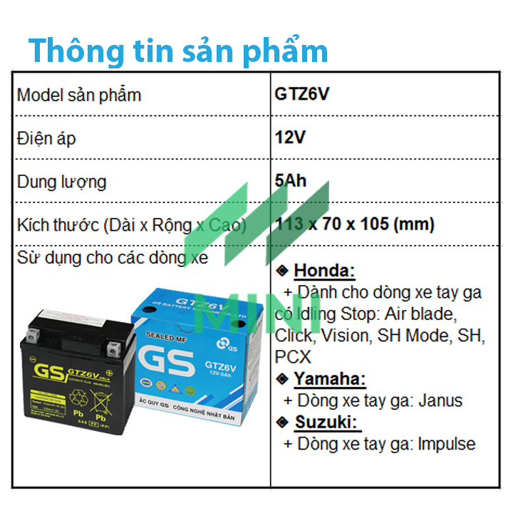 Bình ắc quy khô GS MF GTZ6V (12V-5Ah)