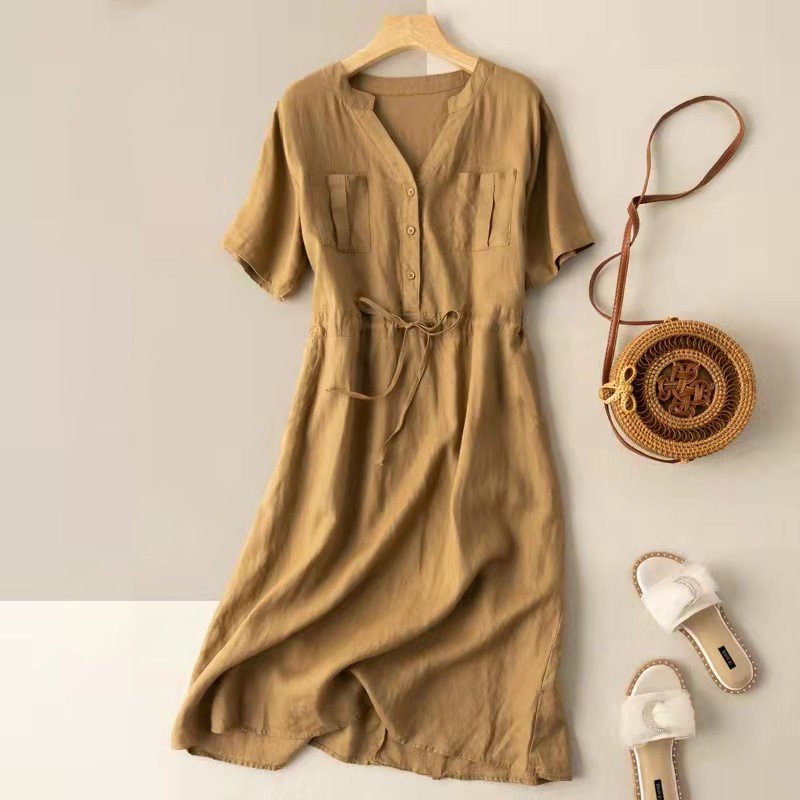 Đầm linen nữ ngắn tay cổ trụ dáng công sở HaiAnh Da32