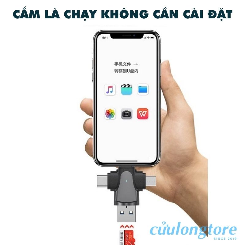 Đầu Đọc Thẻ Nhớ 3.0 OTG 4 Trong 1 TF Card Micro SD máy ảnh đa năng iphone type c micro usb tốc độ cao cho điện thoại máy tính