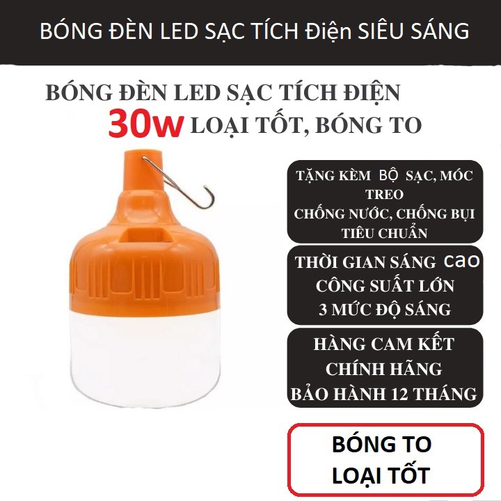 Bóng đèn led tích điện 6-8h - loại 30w sạc tích điện có móc treo hàng chính hãng (màu cam )