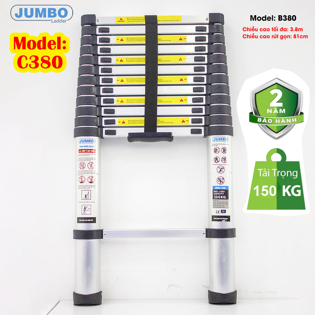 Thang nhôm rút đơn 3.8m Jumbo B380, tải trọng 300kg, bảo hành 24 tháng, màu nhôm nguyên bản