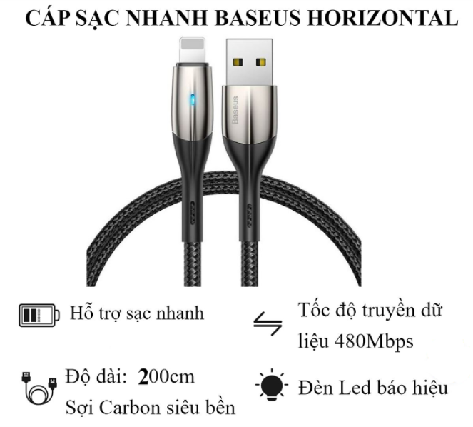 [BH 12 Tháng] Dây Cáp sạc nhanh iPhone - Cáp Lightning Baseus - Siêu bền - Chống Gẫy Đứt - Có Đèn LED