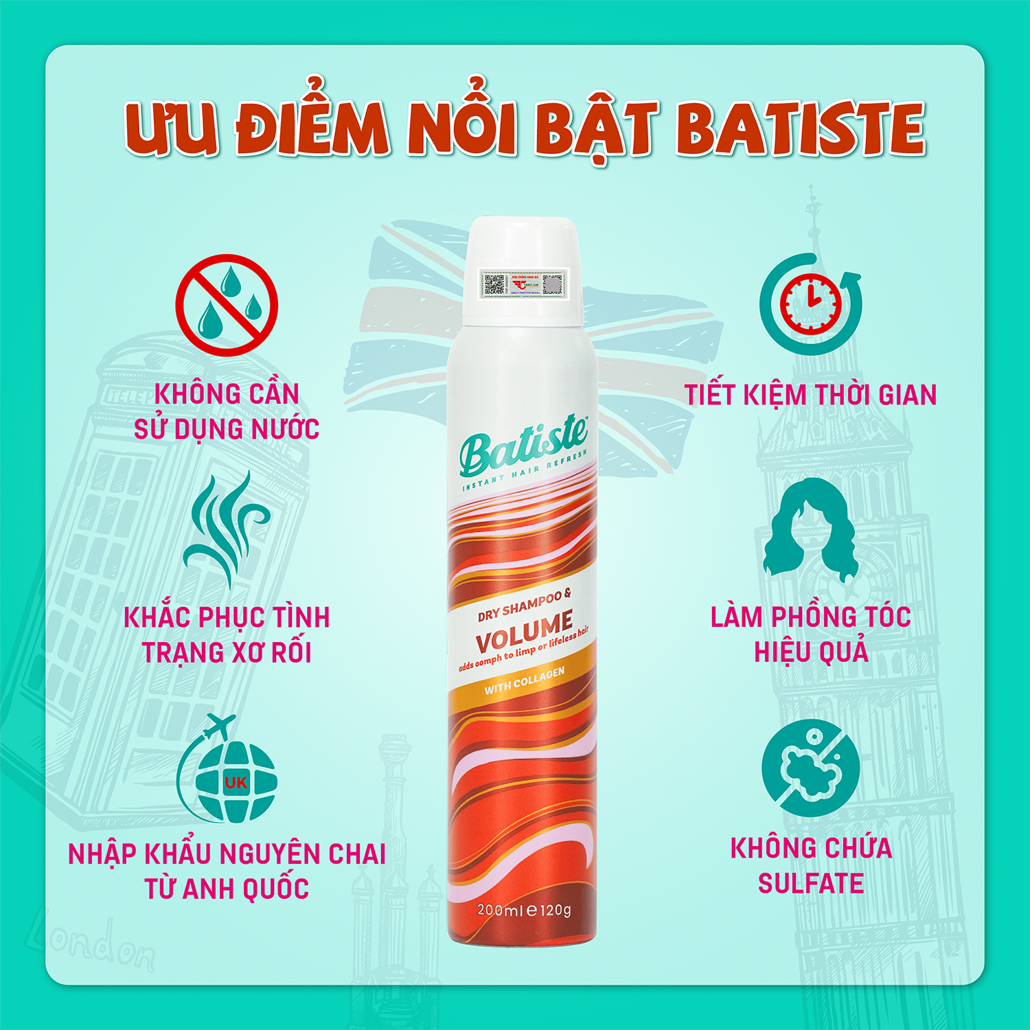 Dầu Gội Khô Batiste Dry Shampoo VOLUME Giúp Làm Phồng Tóc 200ml