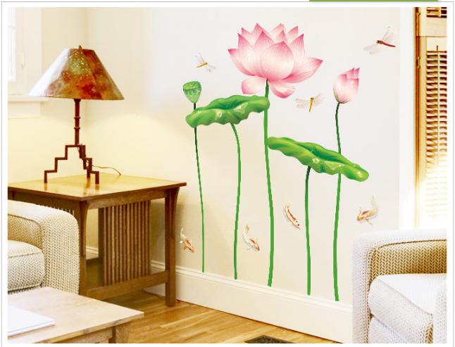 Decal trang trí tường - Sen Hồng mỏng và đán cá KOI nhỏ