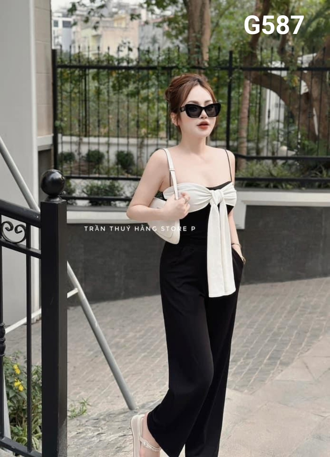 Set áo 2 dây nơ ngực quần dài phối màu cotton gân G587