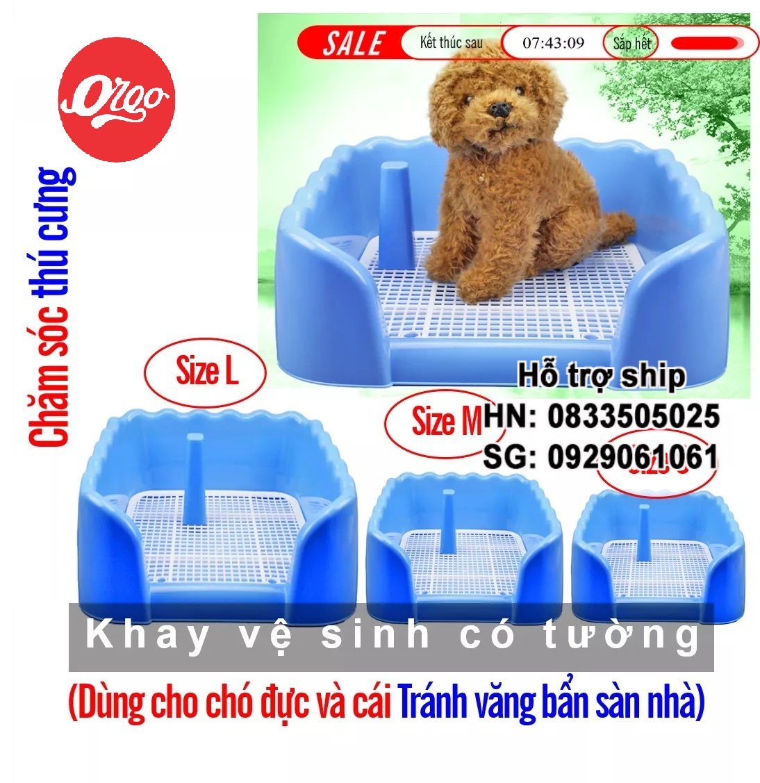 Orgo - Khay vệ sinh dạng bức tường cho chó đực (3 size) bằng nhựa cao cấp, có lưới+ Tặng 3 tấm tã lót chuồng, sàn xe- HP10347TC