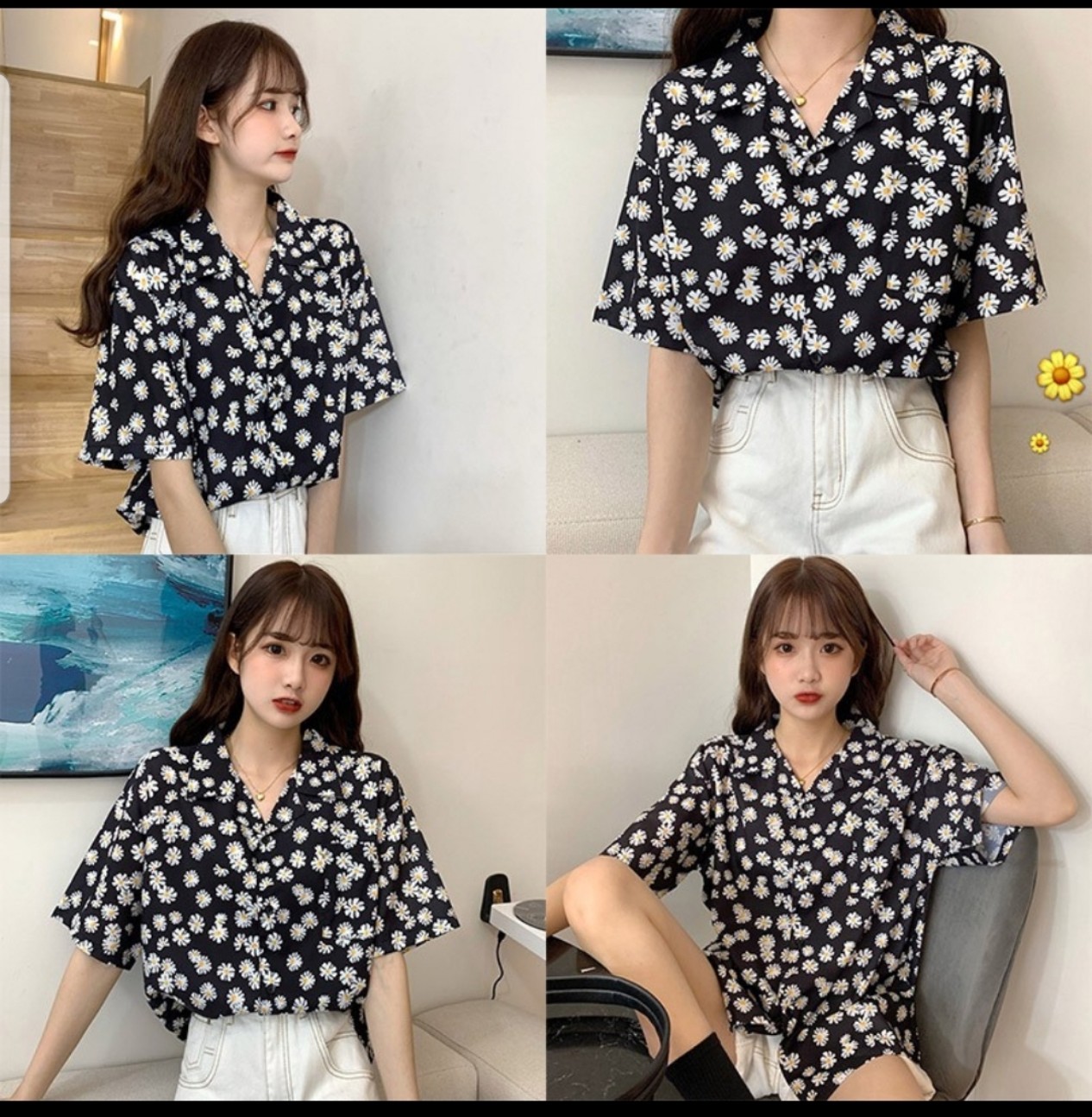 Aó sơ mi bông cúc họa mi, vải lụa, hot trend