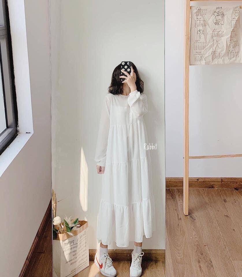 Đầm babydoll gắn nơ cổ tim thời trang Hàn Quốc.Váy trắng xòe Vintage tiểu  thư